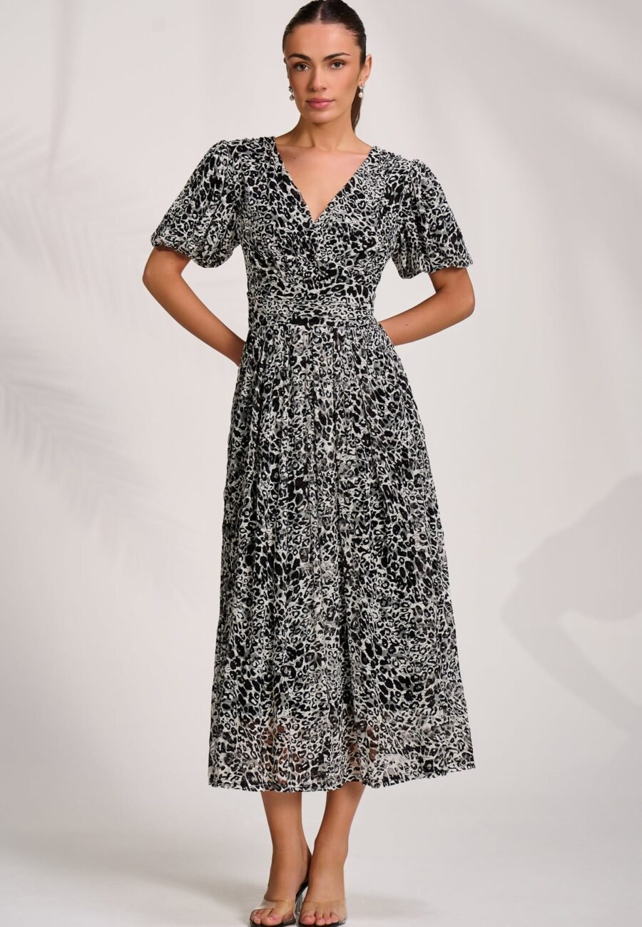 Puff Sleeve Printed Lace Maxi Dress, Black Animal