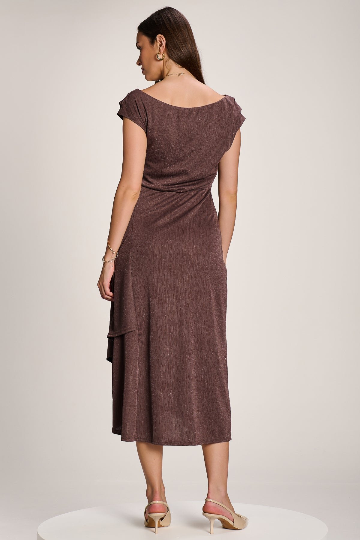 Asymmmetric Draped Midi Dress, Brown - Image 2