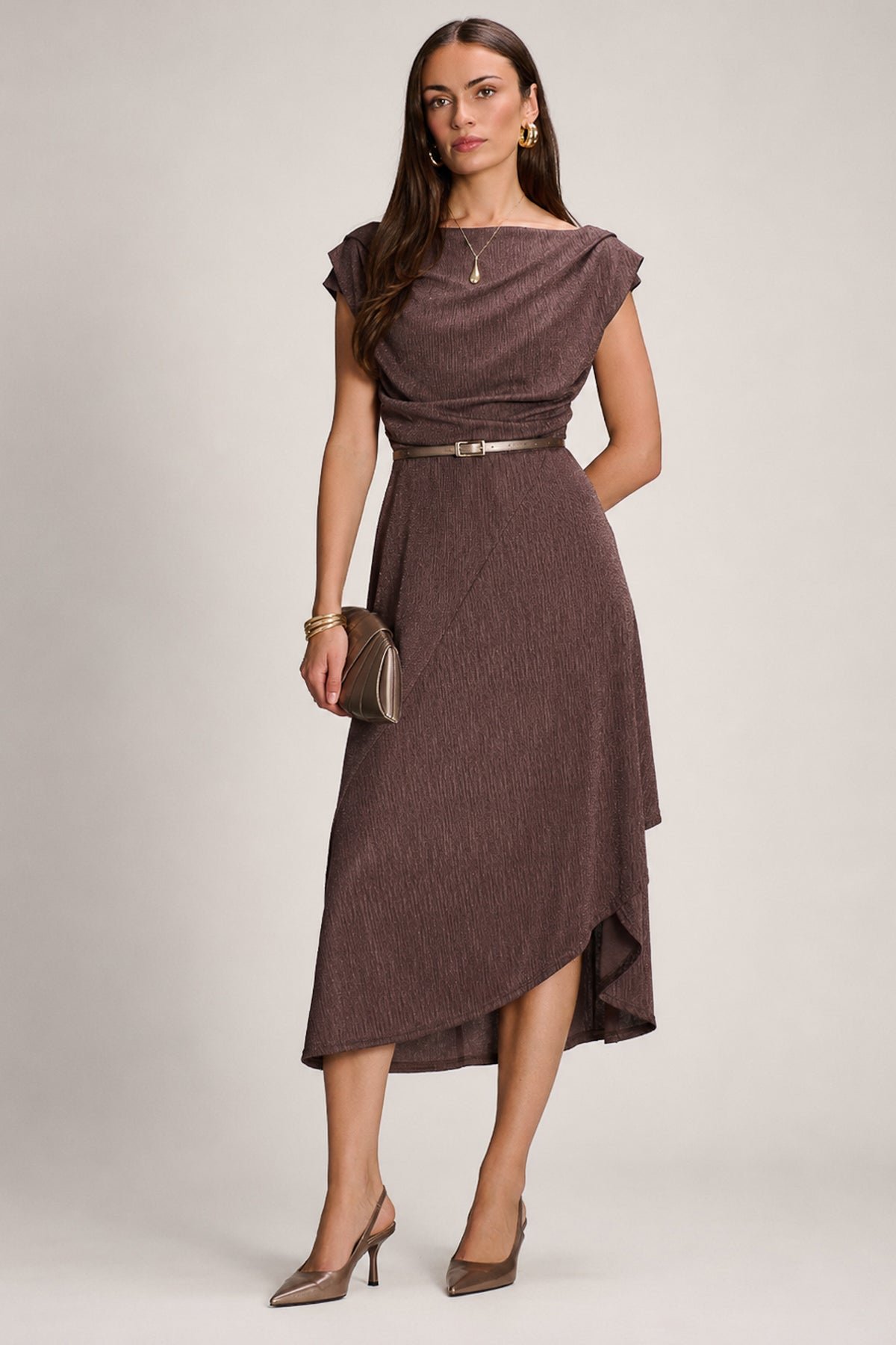 Asymmmetric Draped Midi Dress, Brown - Image 4