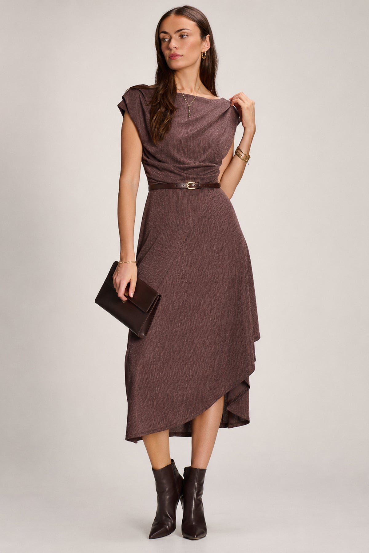 Asymmmetric Draped Midi Dress, Brown - Image 5
