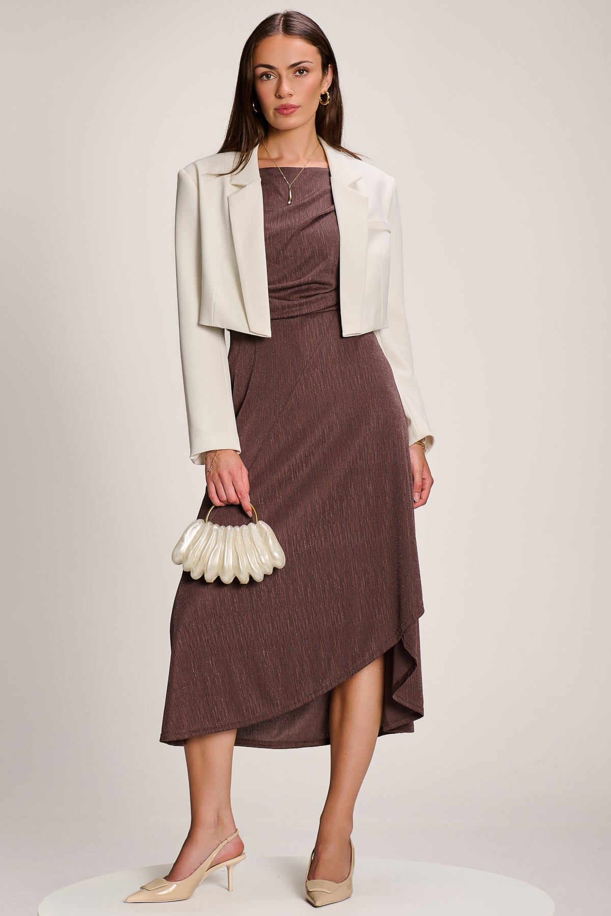 Asymmmetric Draped Midi Dress, Brown - Image 7