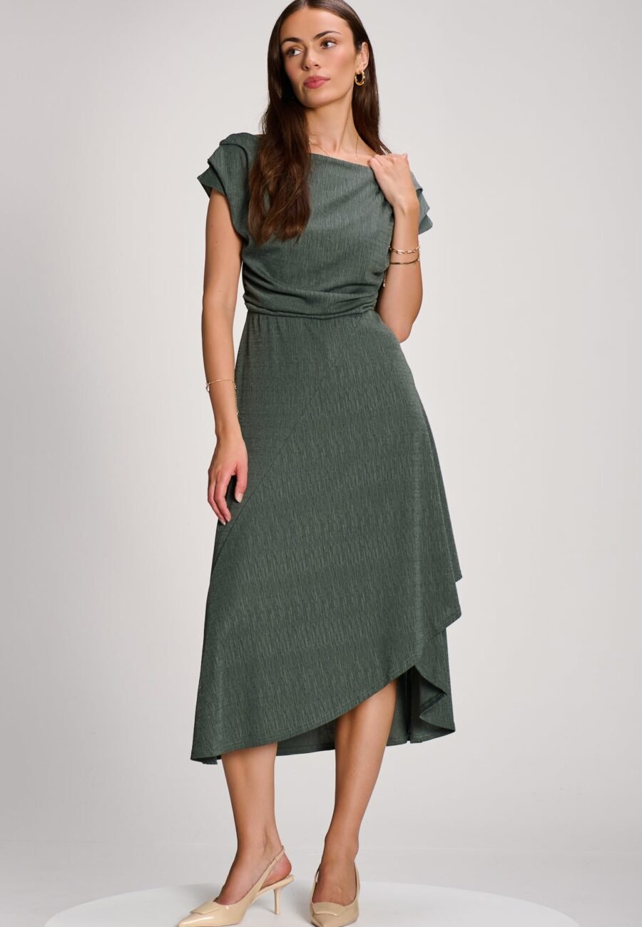 Asymmmetric Draped Midi Dress, Khaki