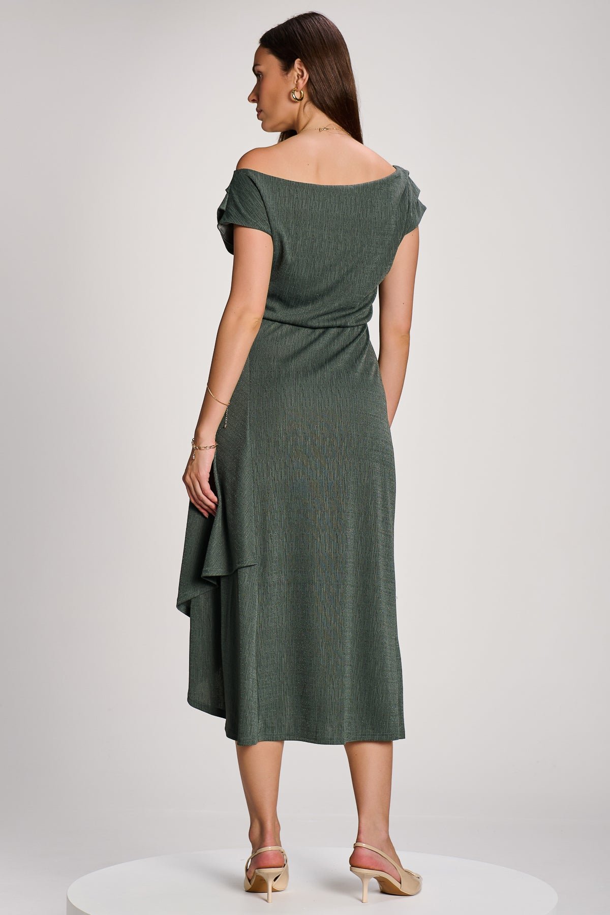 Asymmmetric Draped Midi Dress, Khaki - Image 2