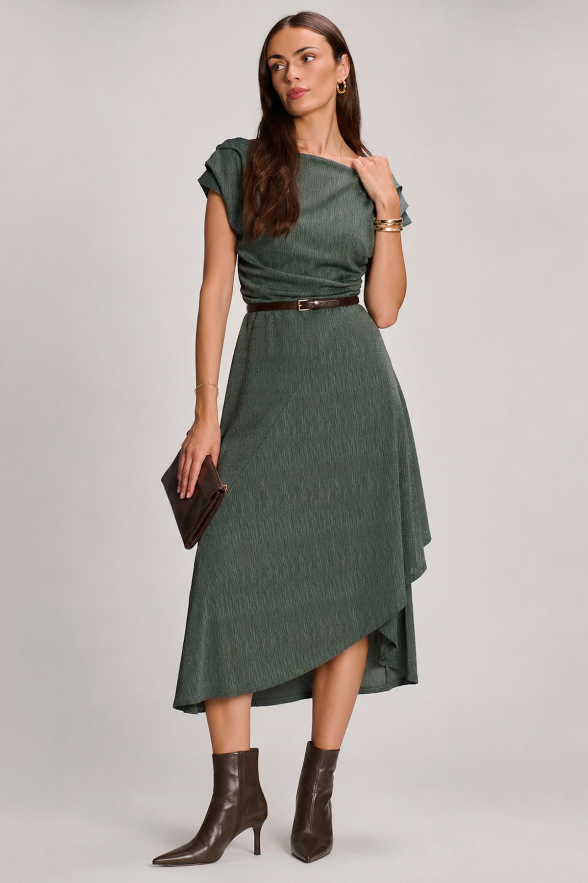 Asymmmetric Draped Midi Dress, Khaki - Image 5