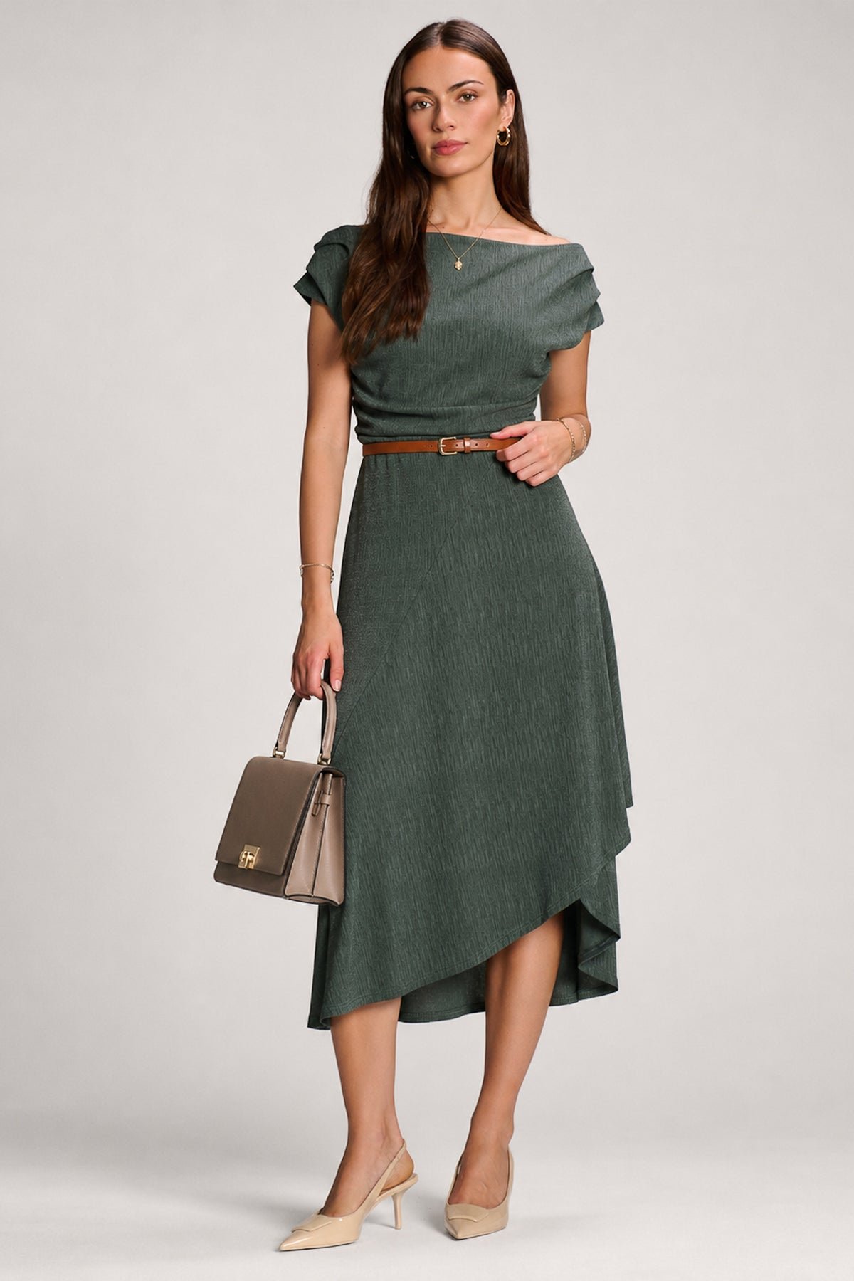 Asymmmetric Draped Midi Dress, Khaki - Image 6