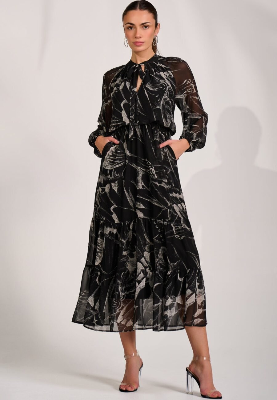 Chiffon Long Sleeve Tiered Maxi Dress, Black Pattern