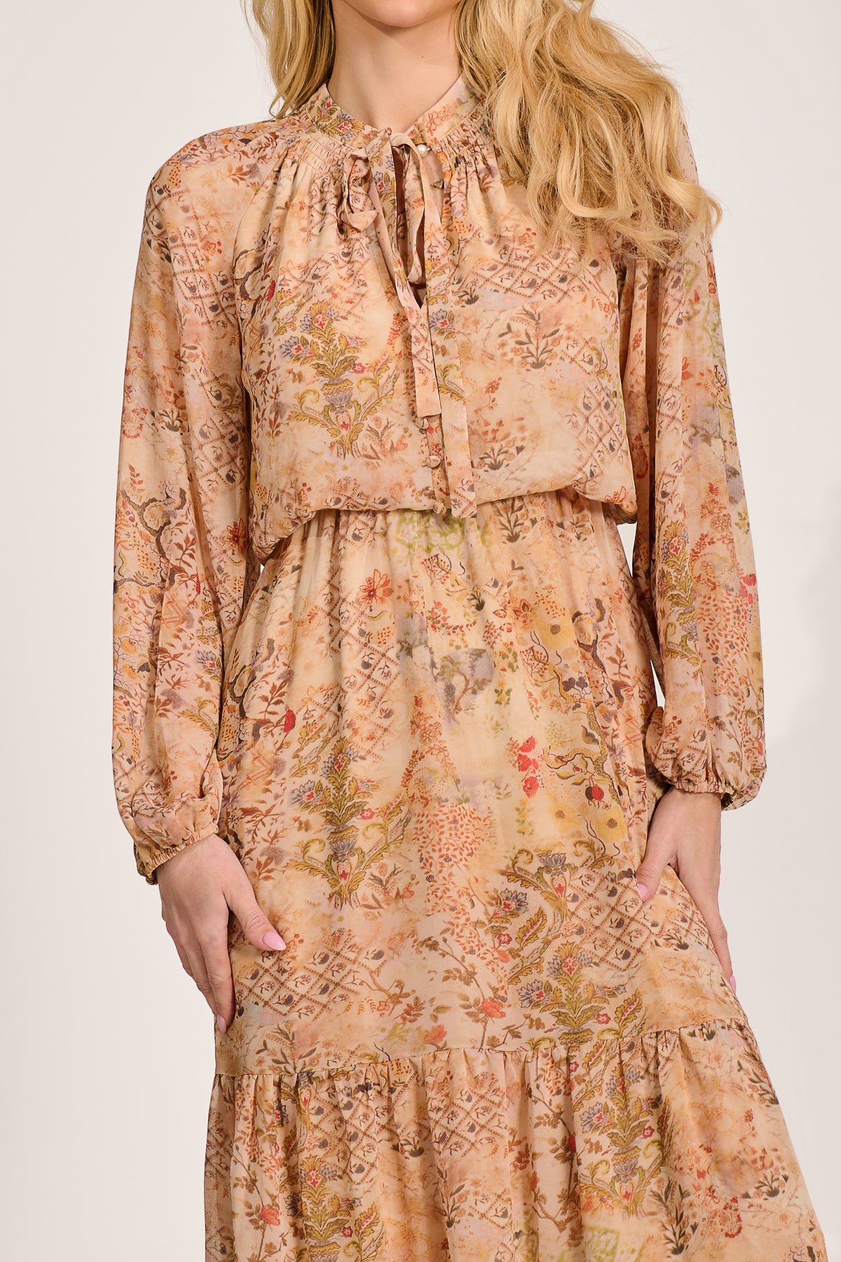 Chiffon Long Sleeve Tiered Maxi Dress, Orange Multi - Image 3