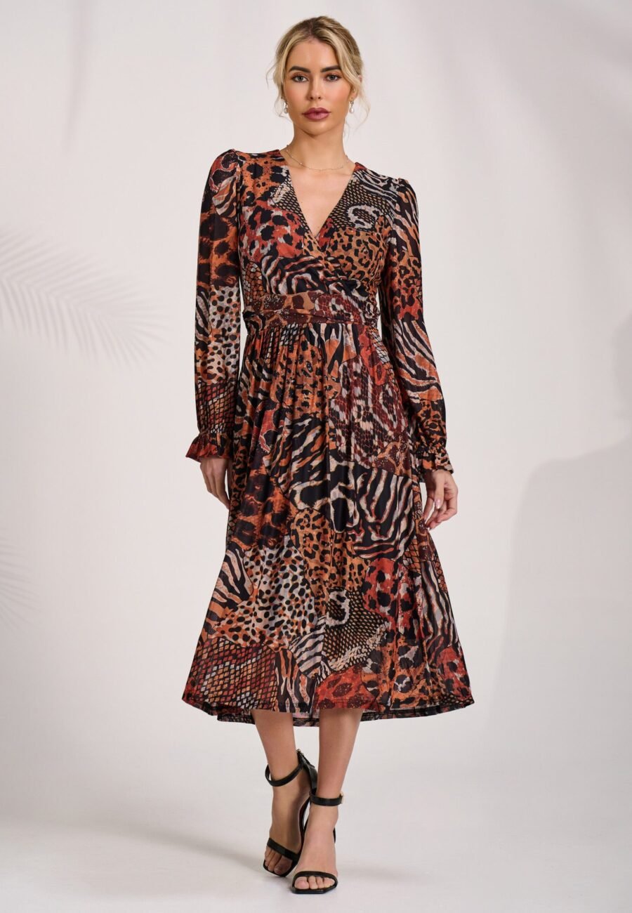 Ruffle Sleeve Mesh Midaxi Dress, Animal Multi