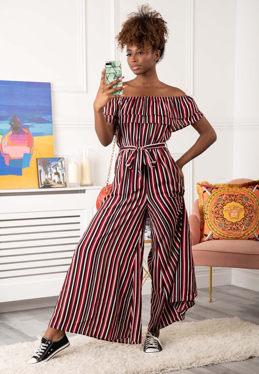 Ruffle Off Shoulder Jumpsuit, Red Stripe